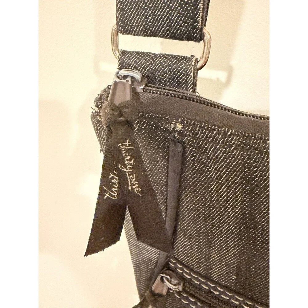 Thirty-One Gray Crossbody Bag, Zip Top, Adjust Strap, Pockets, Striped Lining